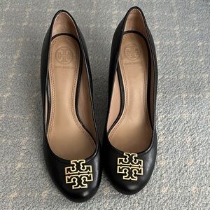 Tory Burch Black Leather Heels with Gold Logo Accent